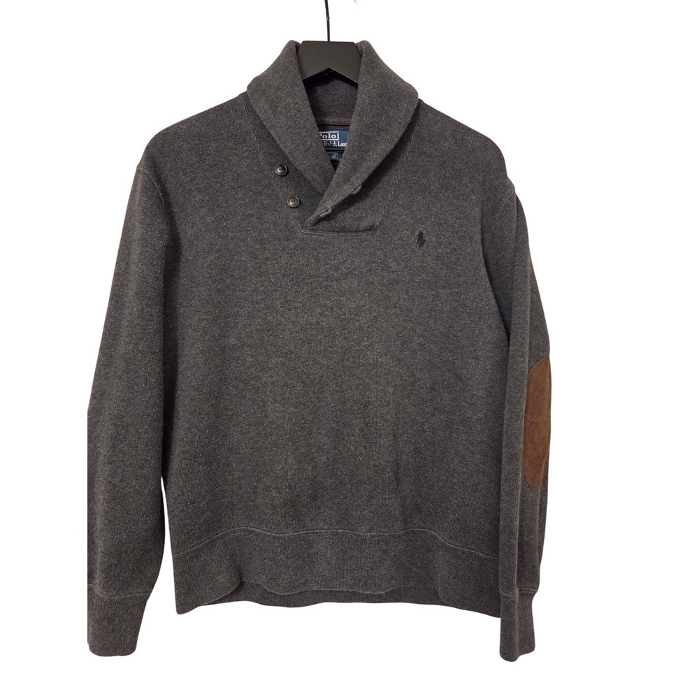 Polo by Ralph Lauren Men’s Charcoal Shawl Collar Sweater with Elbow Patches